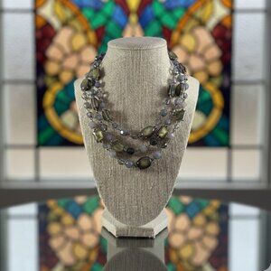 Premier Designs 3 layer necklace with green gems, purple & gray beads